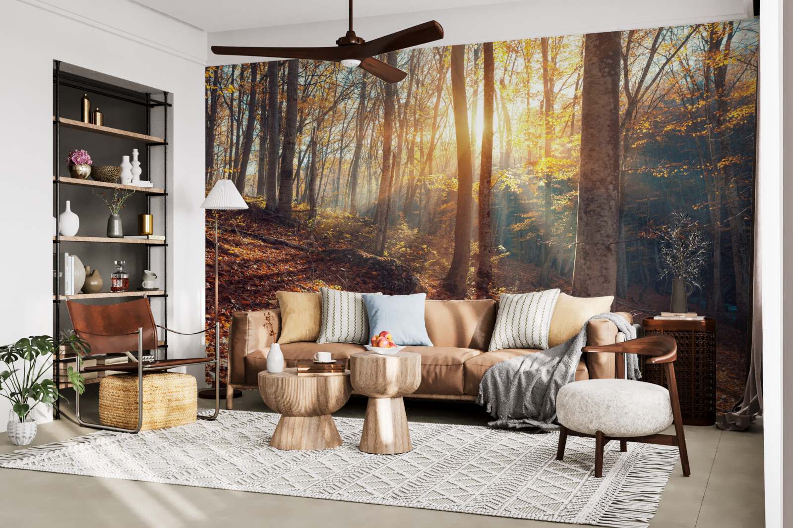 Fotobehang het in mist gehulde ochtendbos ervaart de warmte van de zon