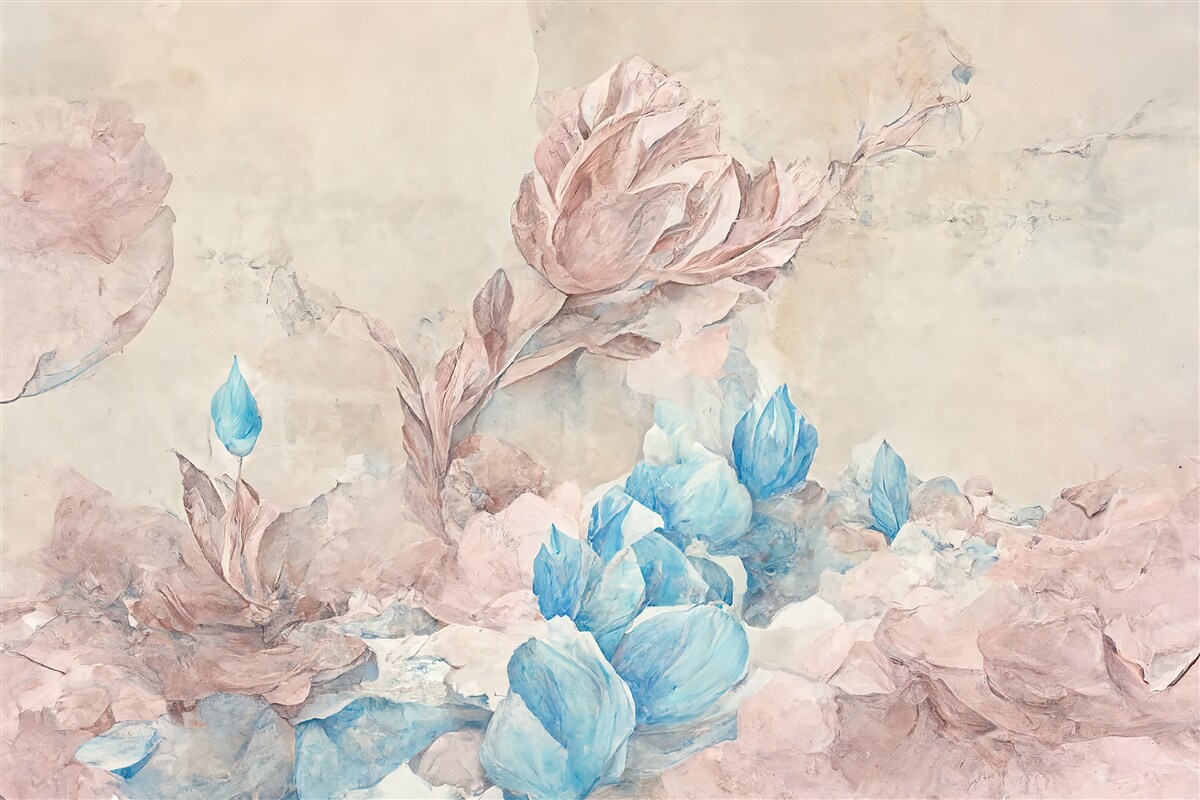 Fotobehang roze bloemen met blauwe bloemblaadjes