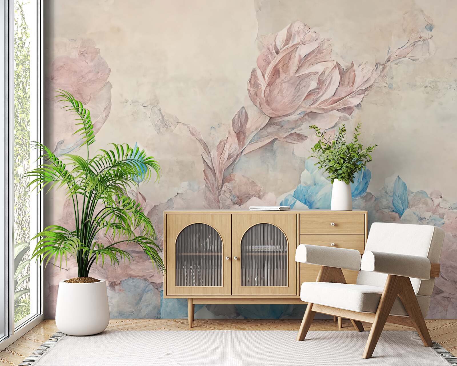 Fotobehang roze bloemen met blauwe bloemblaadjes