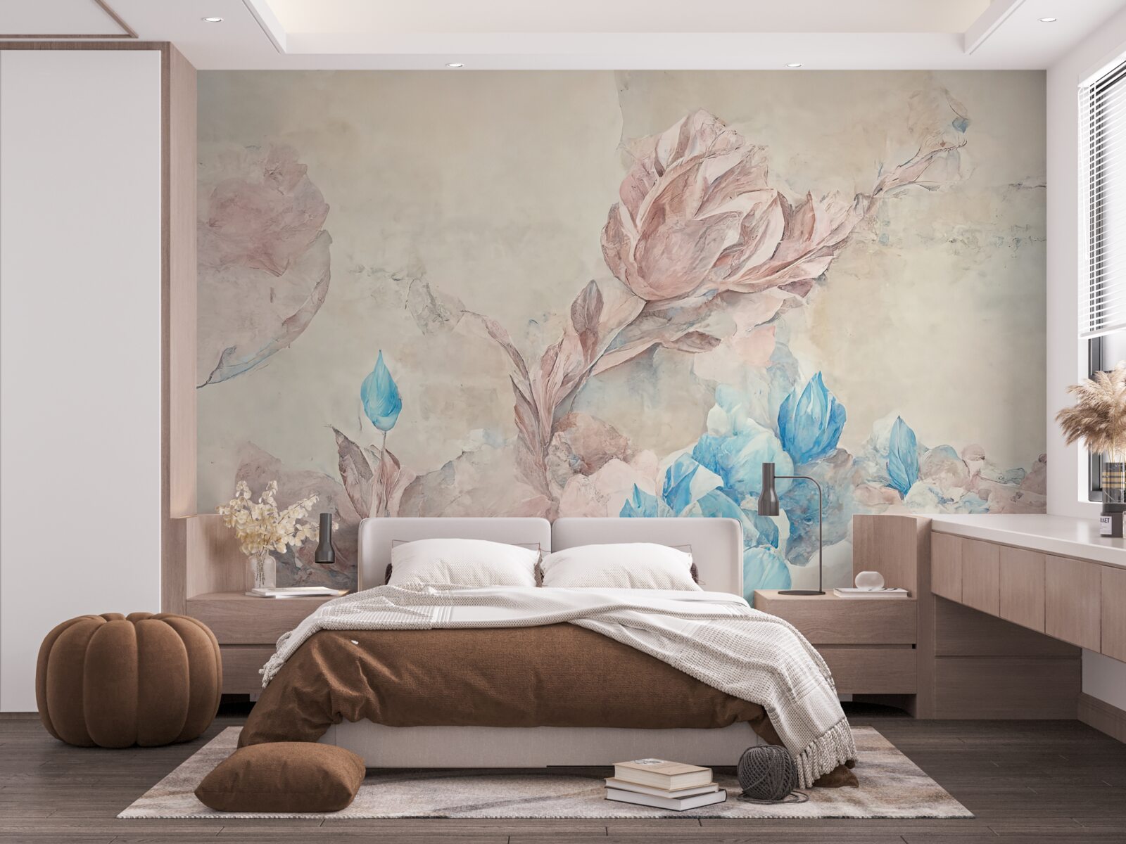 Fotobehang roze bloemen met blauwe bloemblaadjes