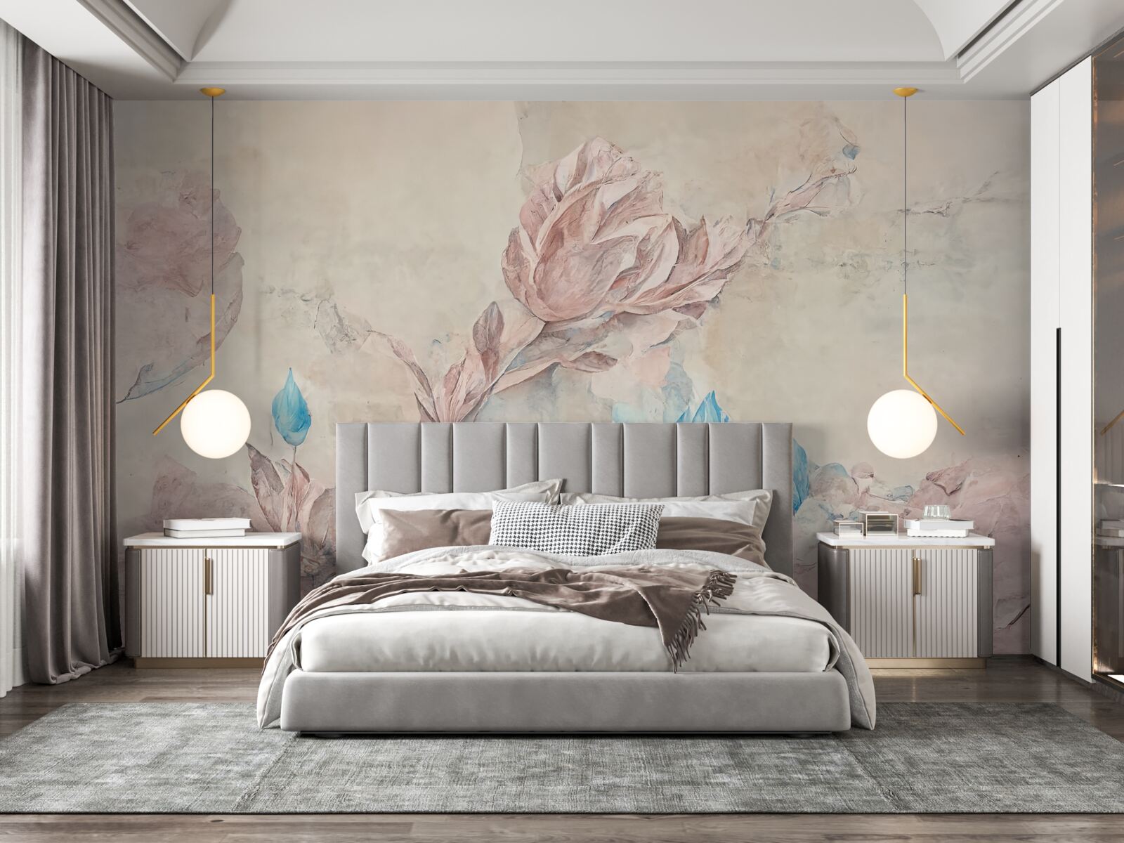 Fotobehang roze bloemen met blauwe bloemblaadjes