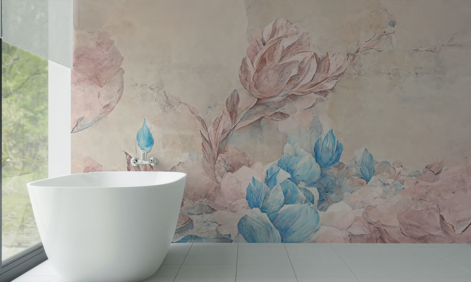 Fotobehang roze bloemen met blauwe bloemblaadjes