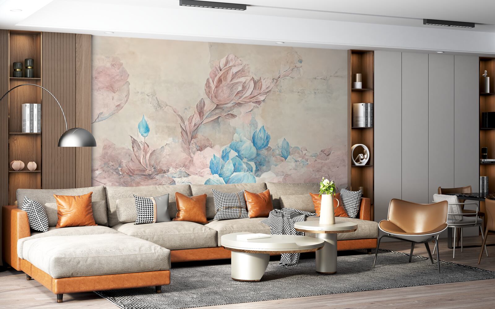 Fotobehang roze bloemen met blauwe bloemblaadjes