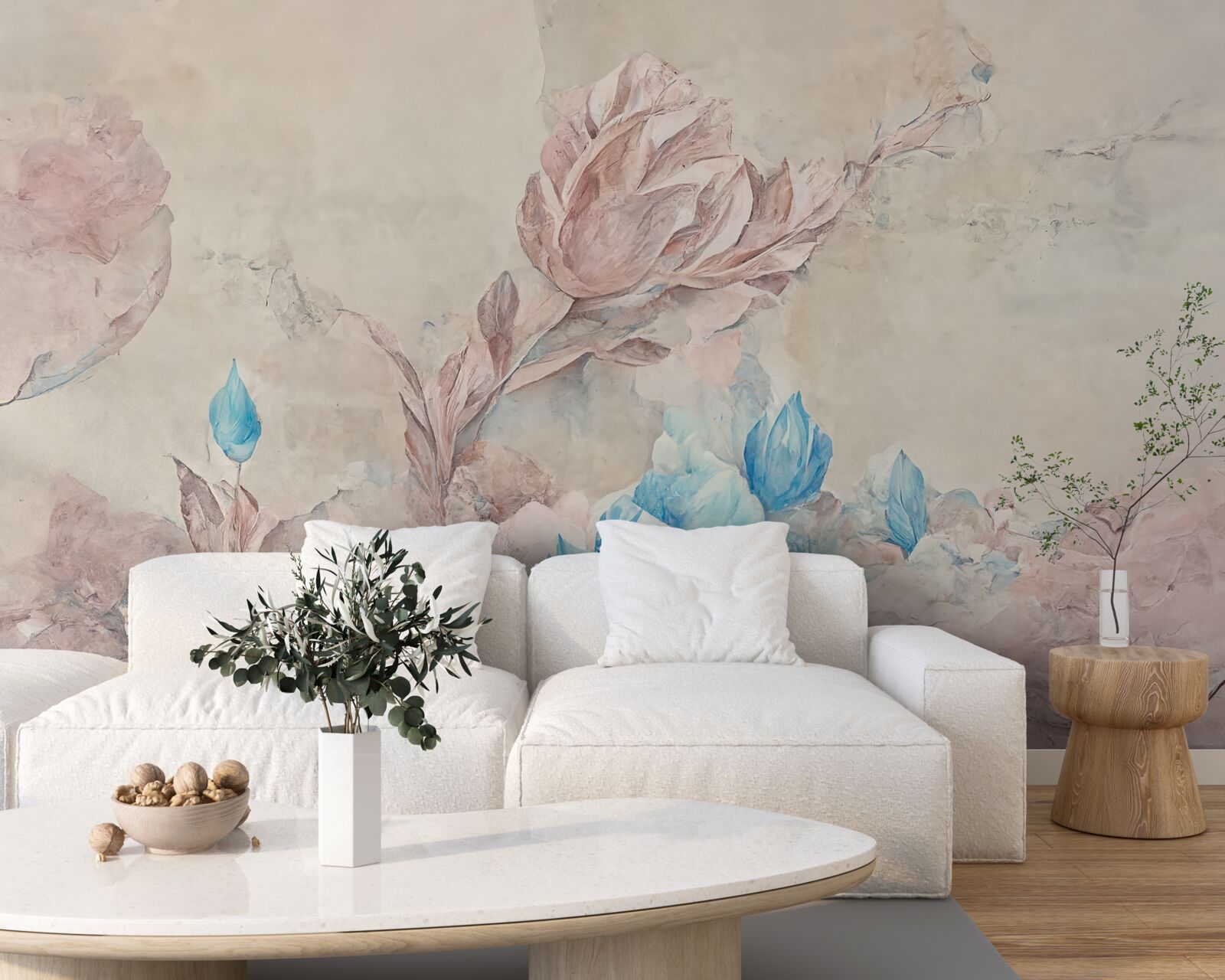 Fotobehang roze bloemen met blauwe bloemblaadjes