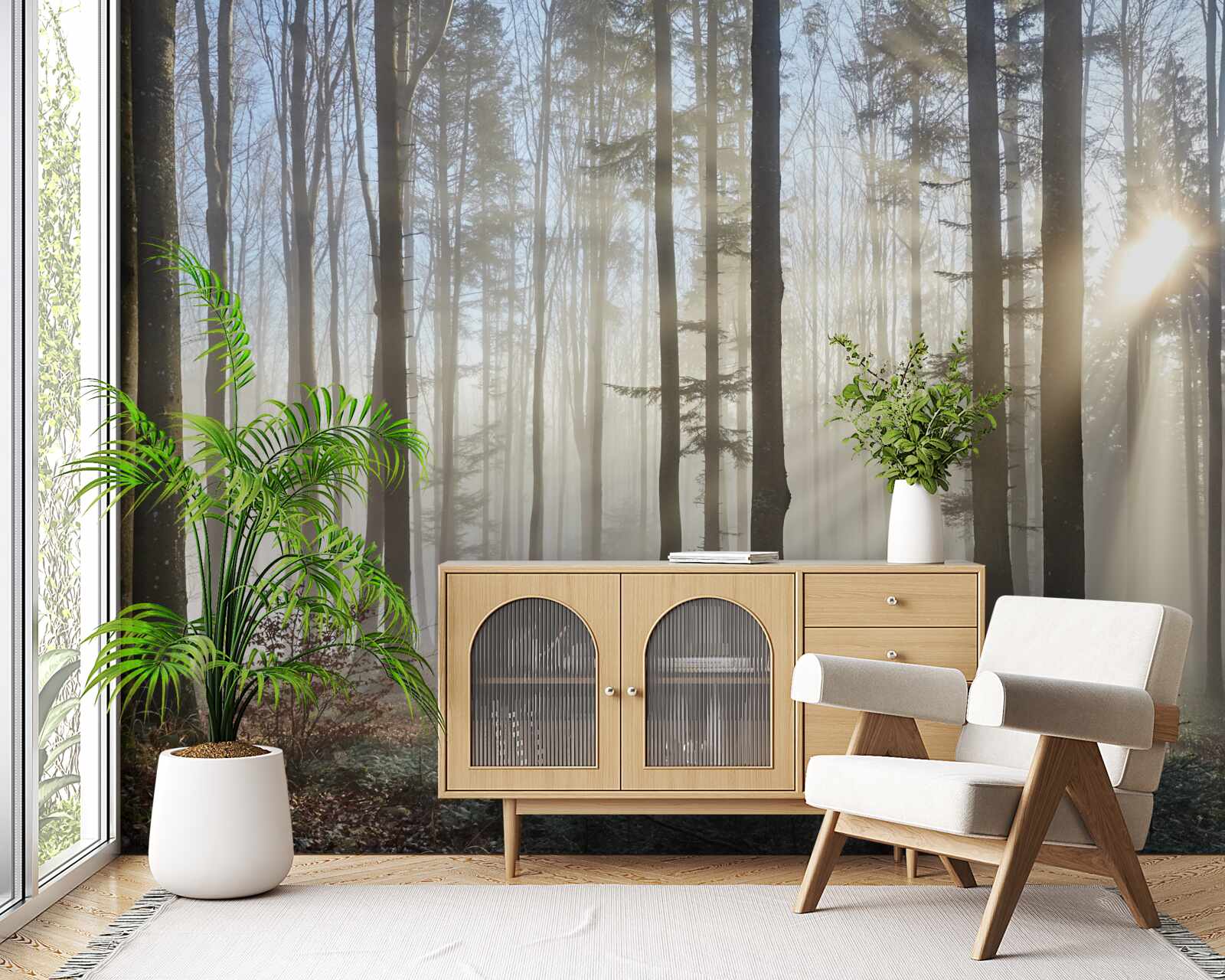 Fotobehang zonnestralen doorboren de mist in een struikgewas