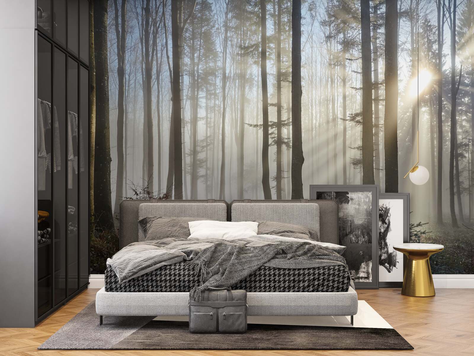 Fotobehang zonnestralen doorboren de mist in een struikgewas