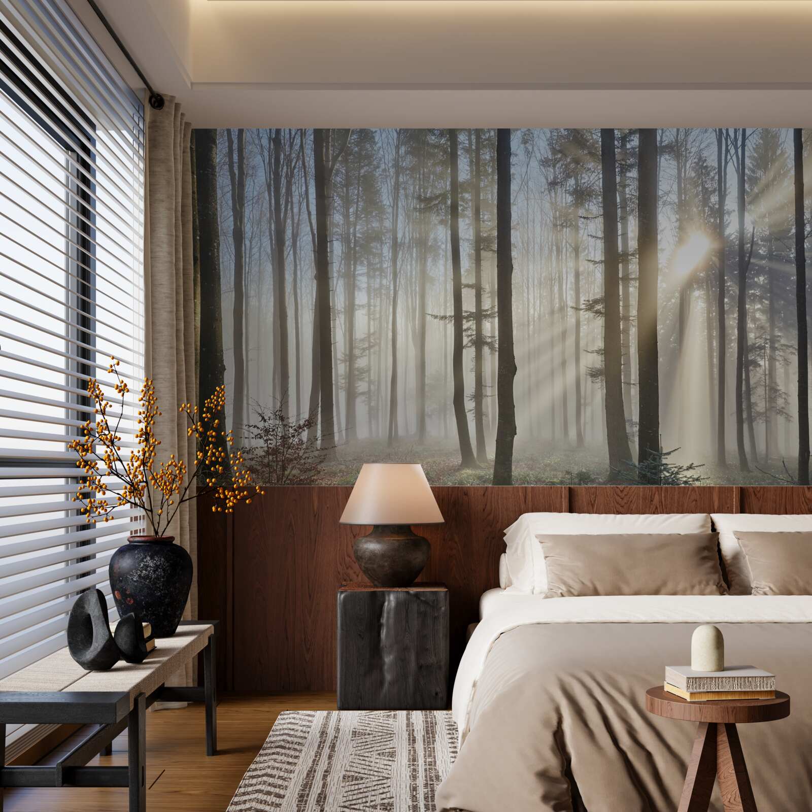 Fotobehang zonnestralen doorboren de mist in een struikgewas