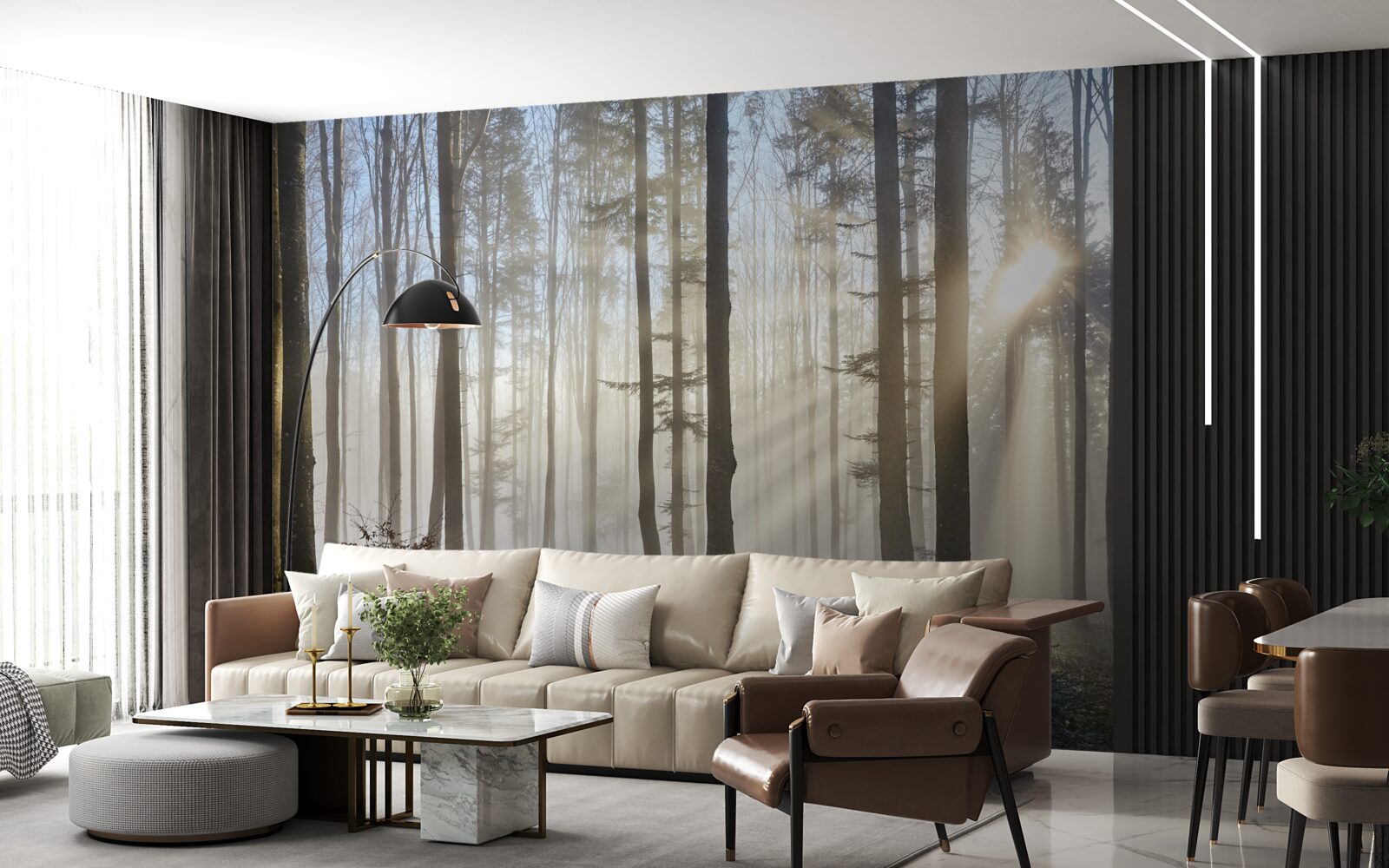 Fotobehang zonnestralen doorboren de mist in een struikgewas