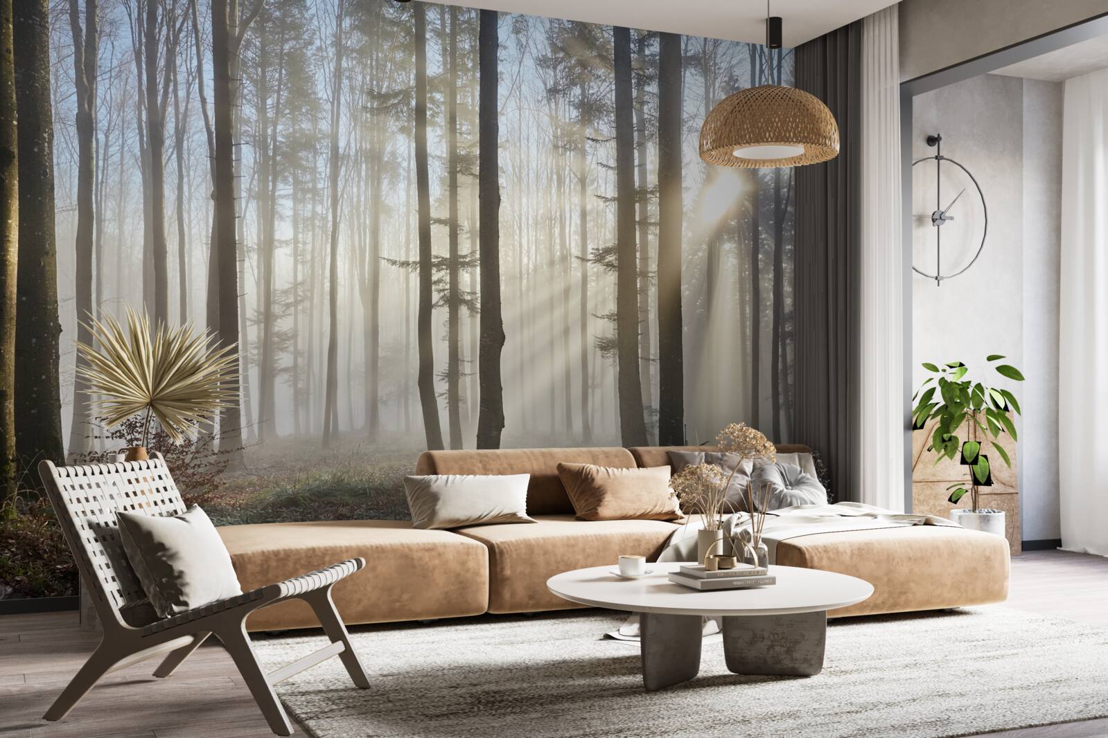 Fotobehang zonnestralen doorboren de mist in een struikgewas