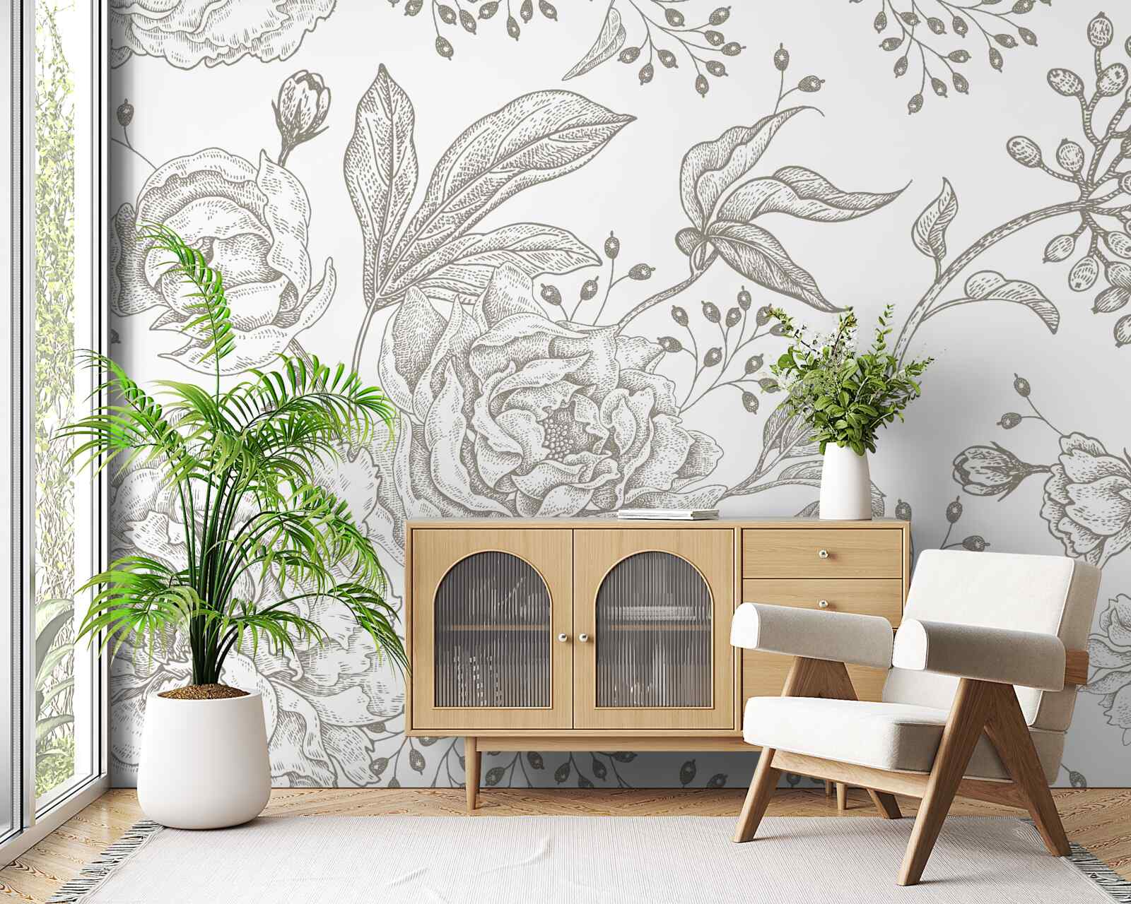 Fotobehang de roos en andere bloemen zijn afgebeeld op een witte achtergrond