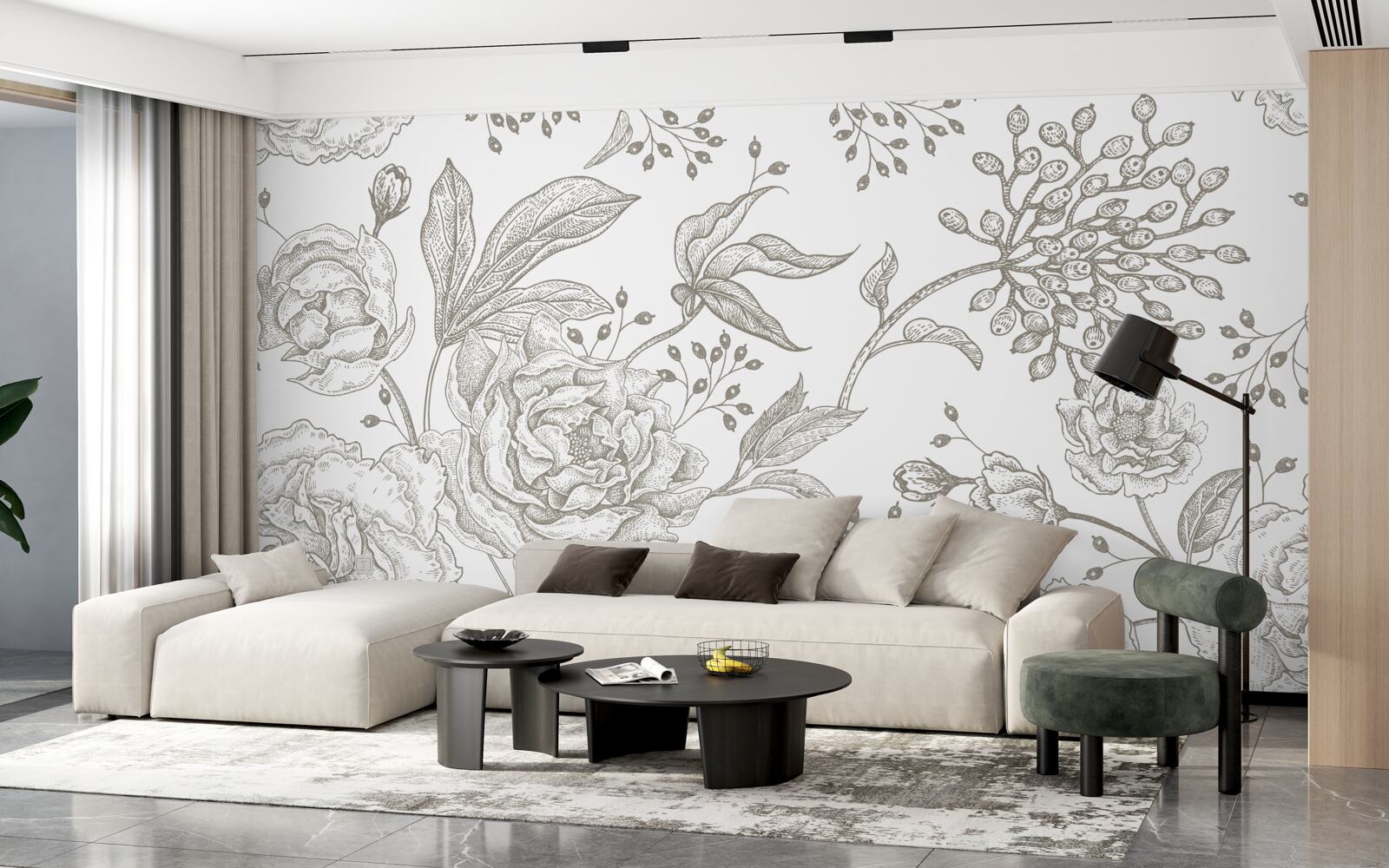 Fotobehang de roos en andere bloemen zijn afgebeeld op een witte achtergrond