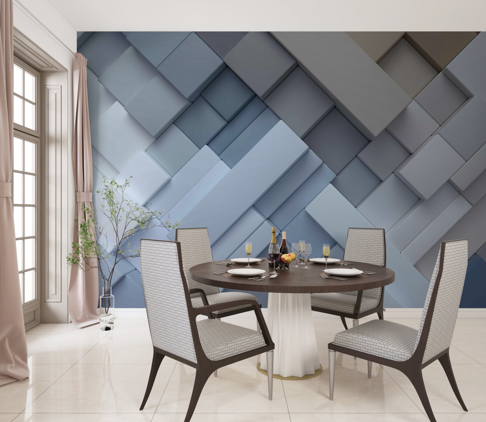 Fotobehang abstract schilderij in blauwe kleuren met rechthoekige vorm