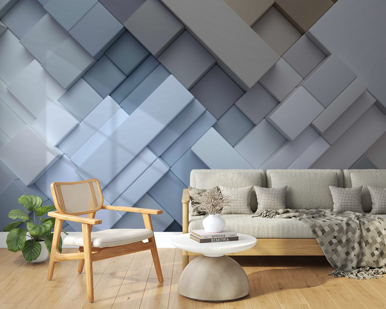 Fotobehang abstract schilderij in blauwe kleuren met rechthoekige vorm