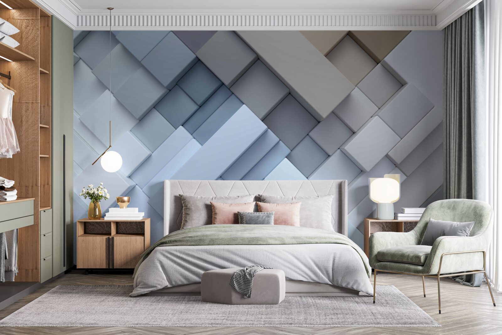 Fotobehang abstract schilderij in blauwe kleuren met rechthoekige vorm