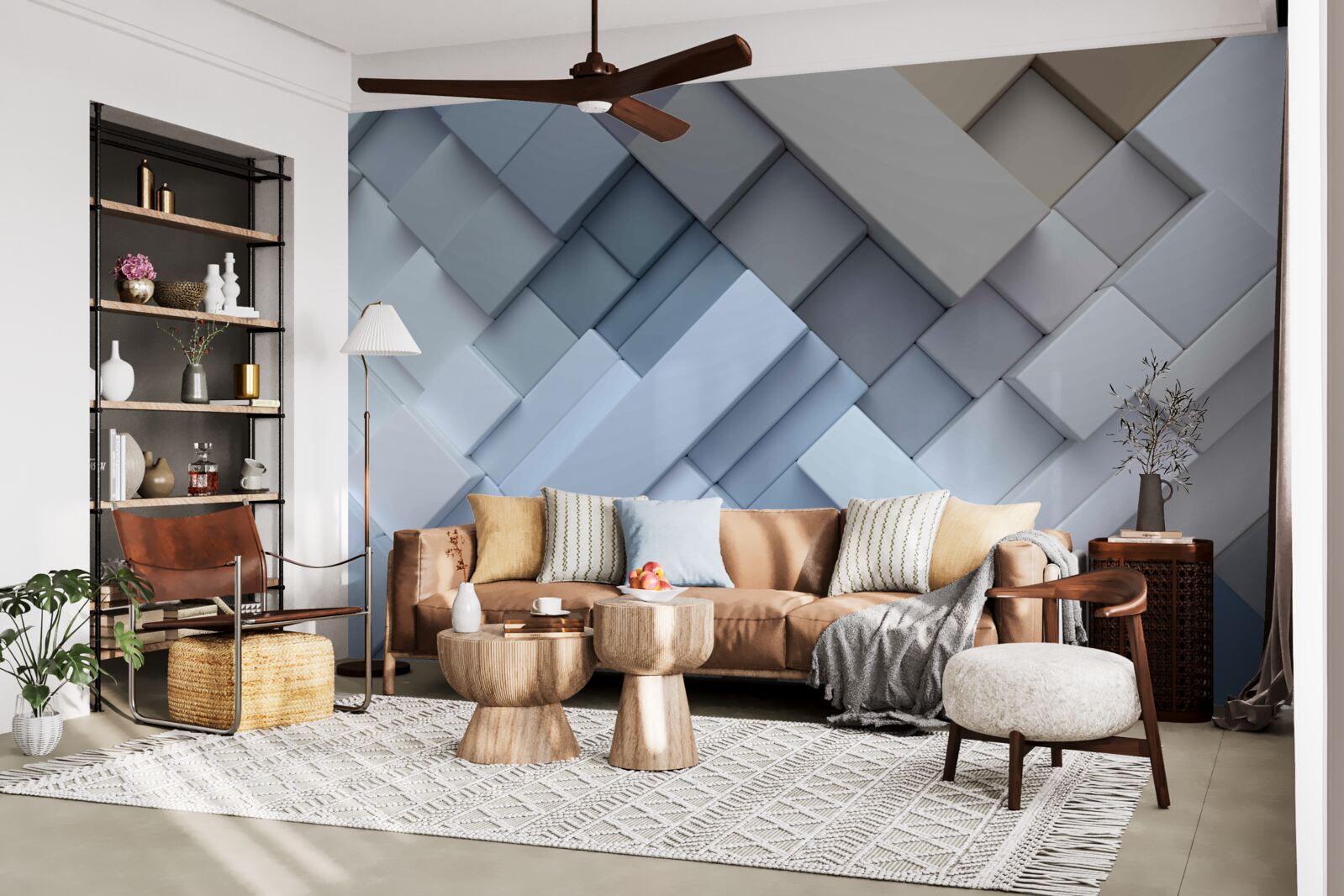 Fotobehang abstract schilderij in blauwe kleuren met rechthoekige vorm