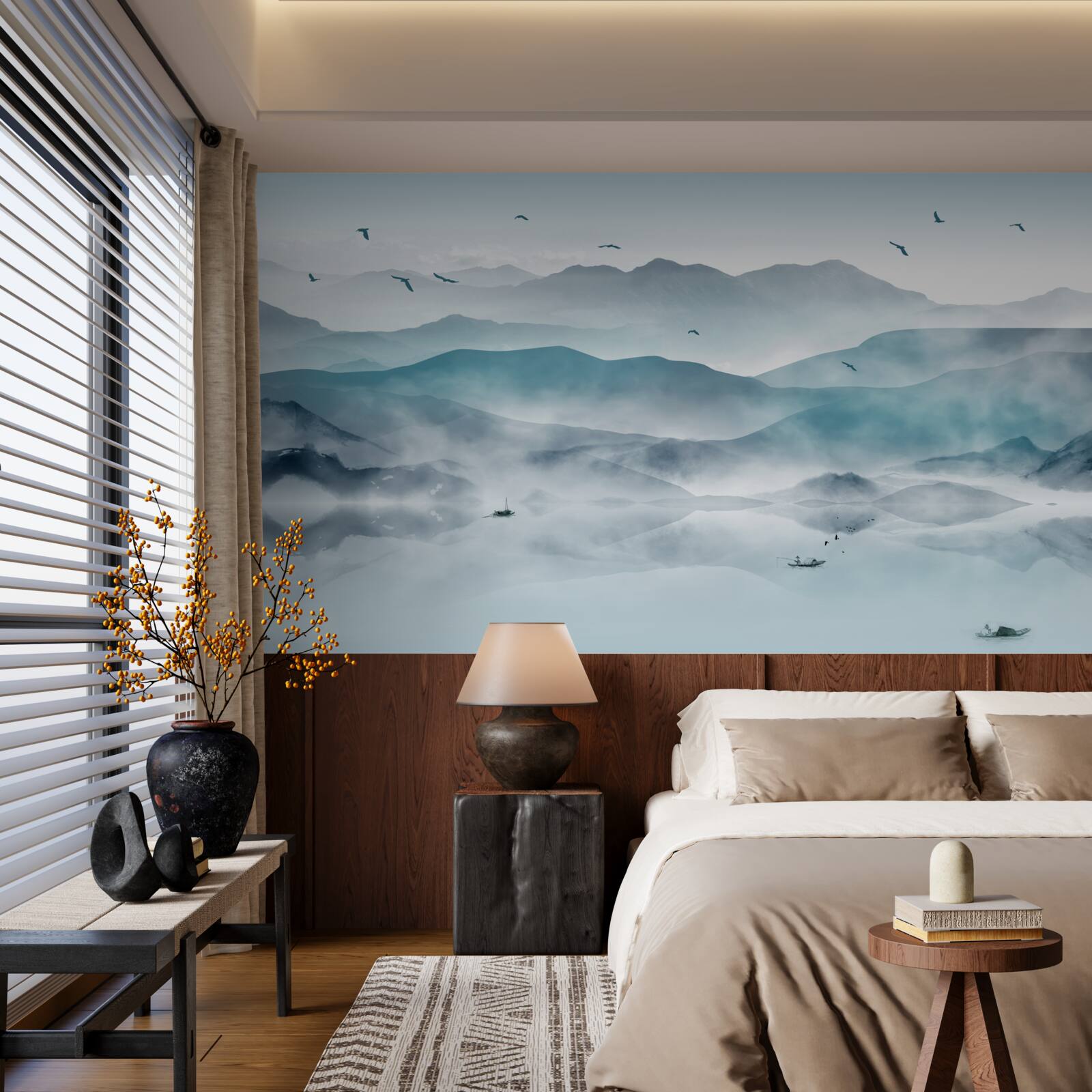 Fotobehang de rand van de mist valt op het wateroppervlak