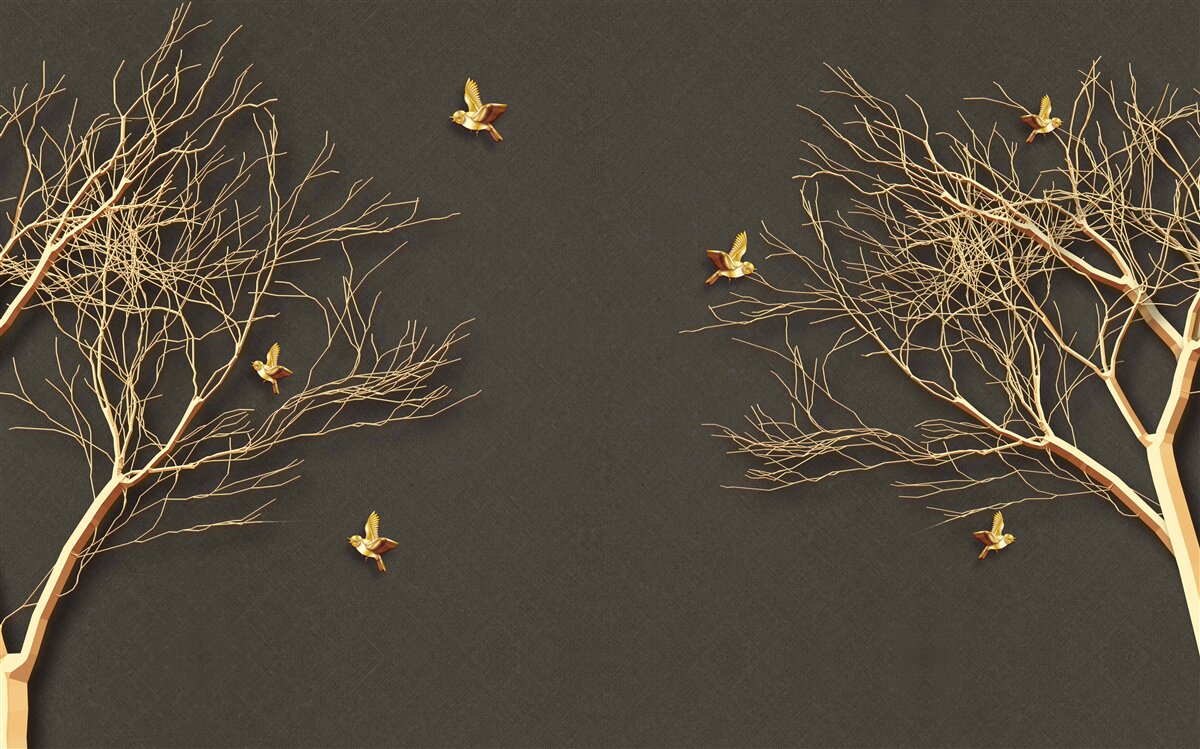 Fotobehang gouden bomen en vlinders tegen de duisternis van de nachtelijke hemel