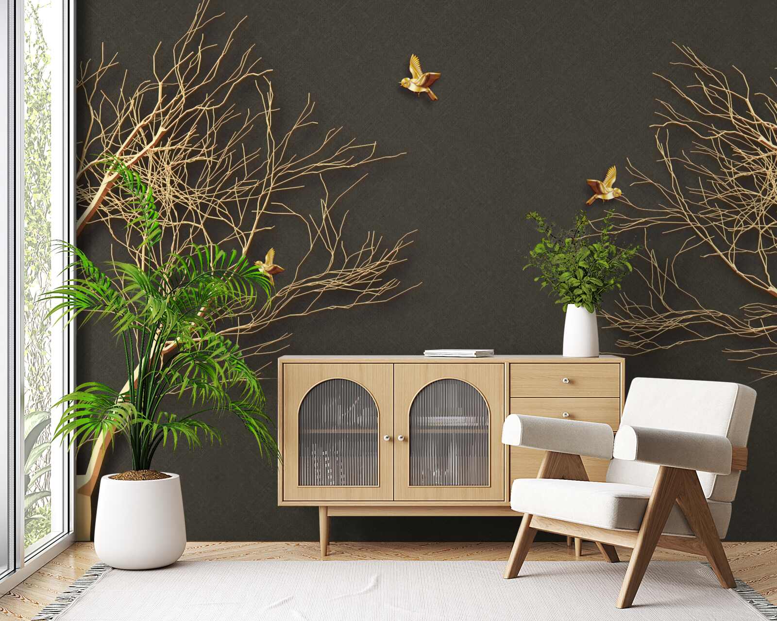 Fotobehang gouden bomen en vlinders tegen de duisternis van de nachtelijke hemel