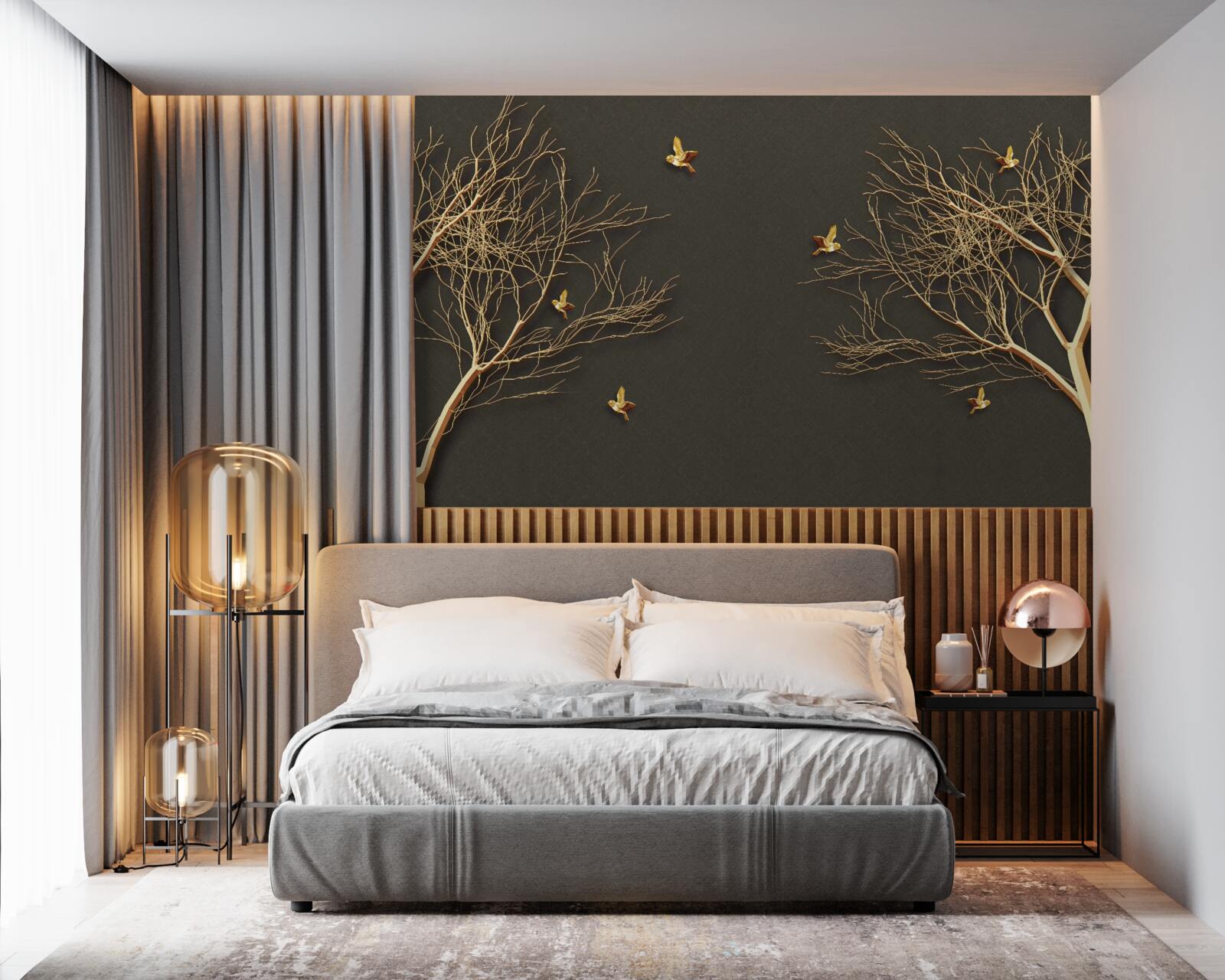 Fotobehang gouden bomen en vlinders tegen de duisternis van de nachtelijke hemel