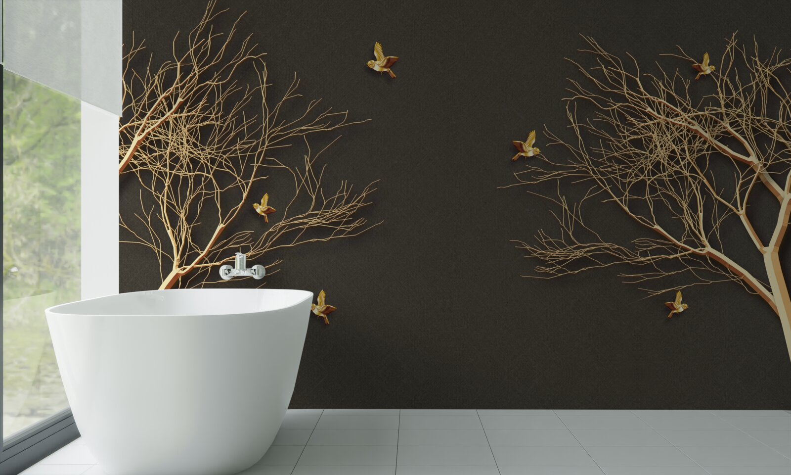 Fotobehang gouden bomen en vlinders tegen de duisternis van de nachtelijke hemel