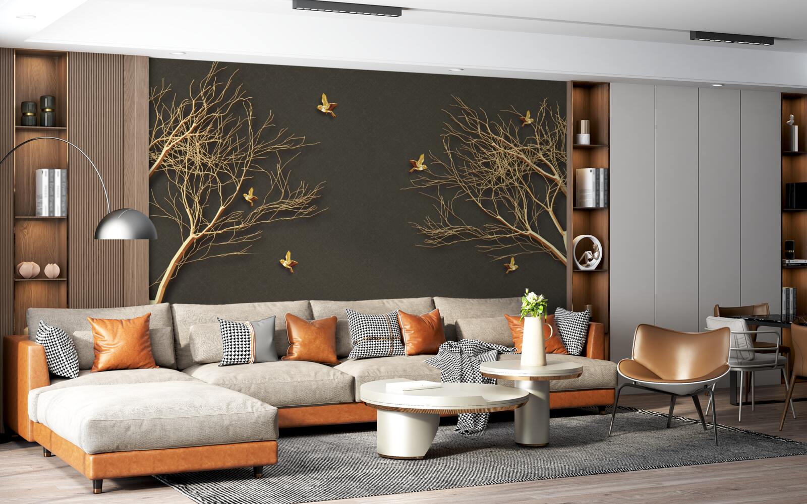 Fotobehang gouden bomen en vlinders tegen de duisternis van de nachtelijke hemel