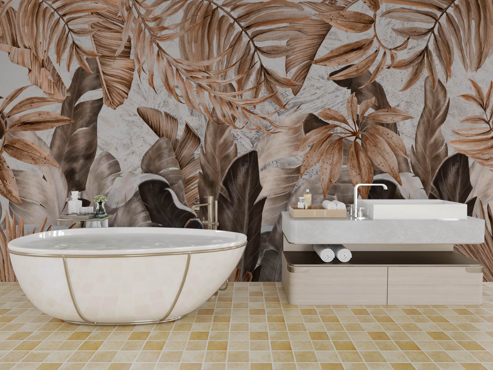 Fotobehang koper en bruine bladeren