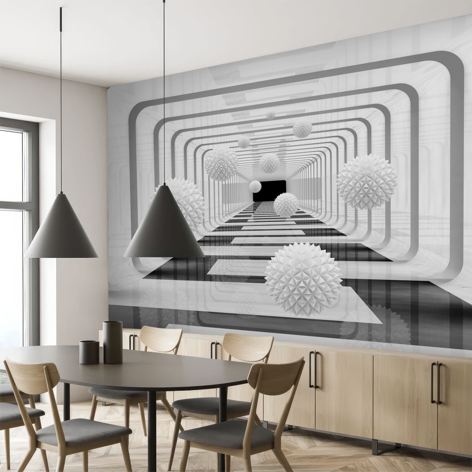 Fotobehang oneindigheid met halve cirkels en albasten bollen