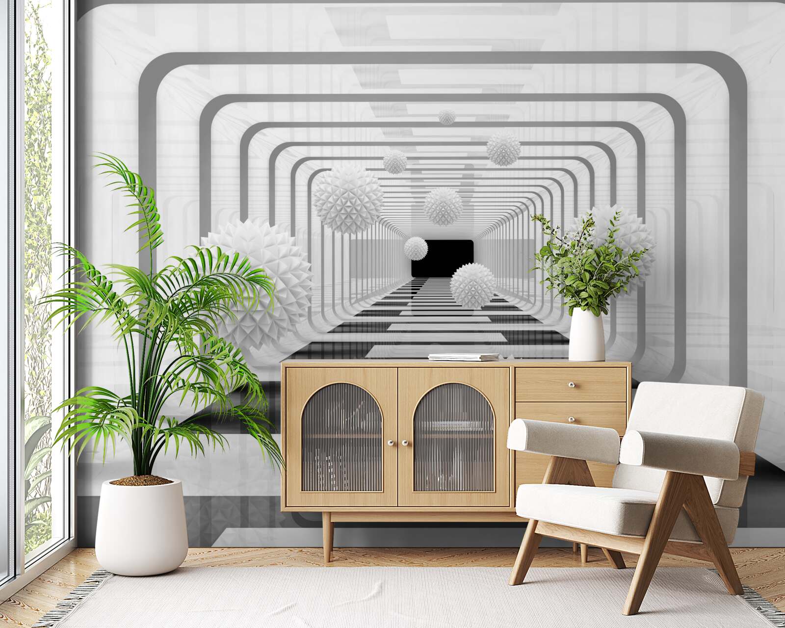 Fotobehang oneindigheid met halve cirkels en albasten bollen