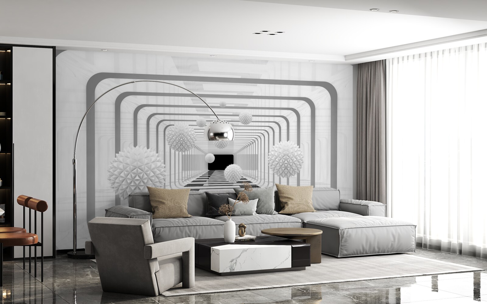 Fotobehang oneindigheid met halve cirkels en albasten bollen