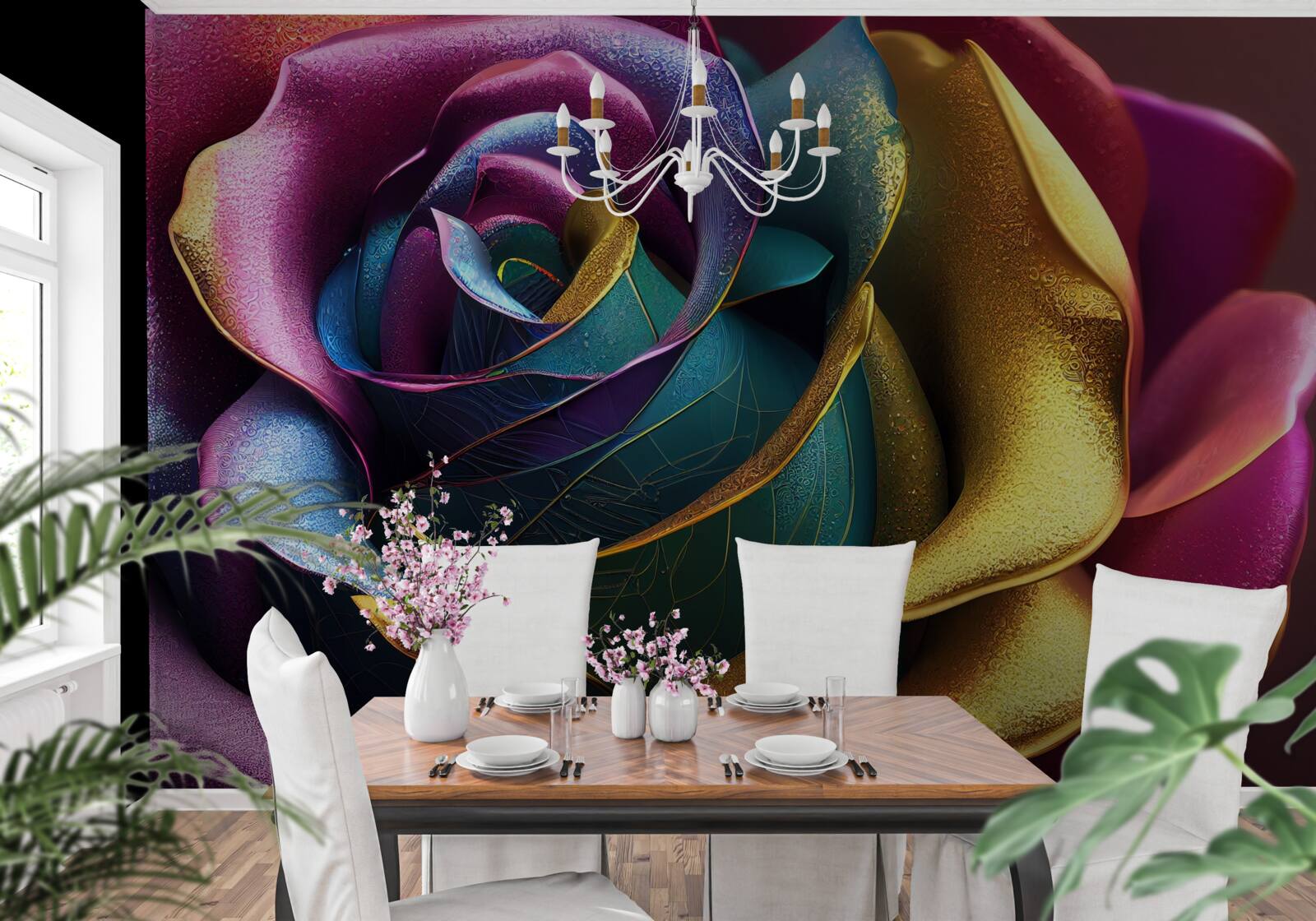 Fotobehang Perzische roos verlicht door een regenboog