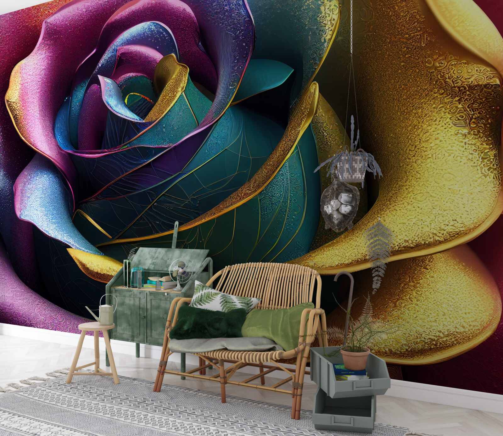 Fotobehang Perzische roos verlicht door een regenboog