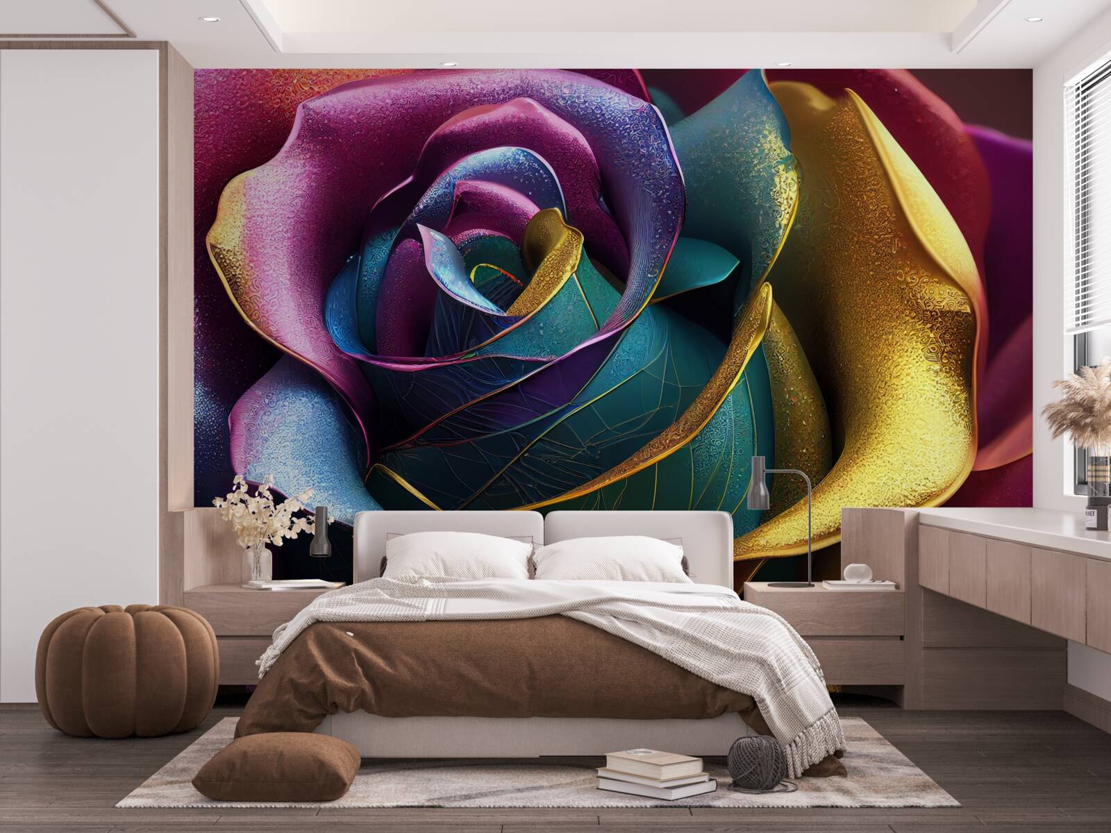 Fotobehang Perzische roos verlicht door een regenboog