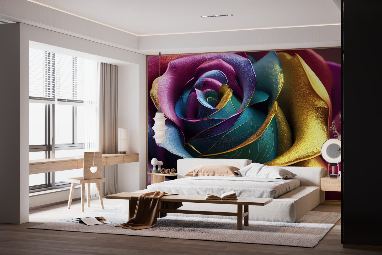 Fotobehang Perzische roos verlicht door een regenboog