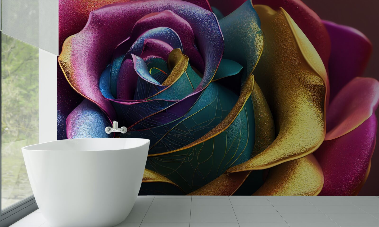 Fotobehang Perzische roos verlicht door een regenboog