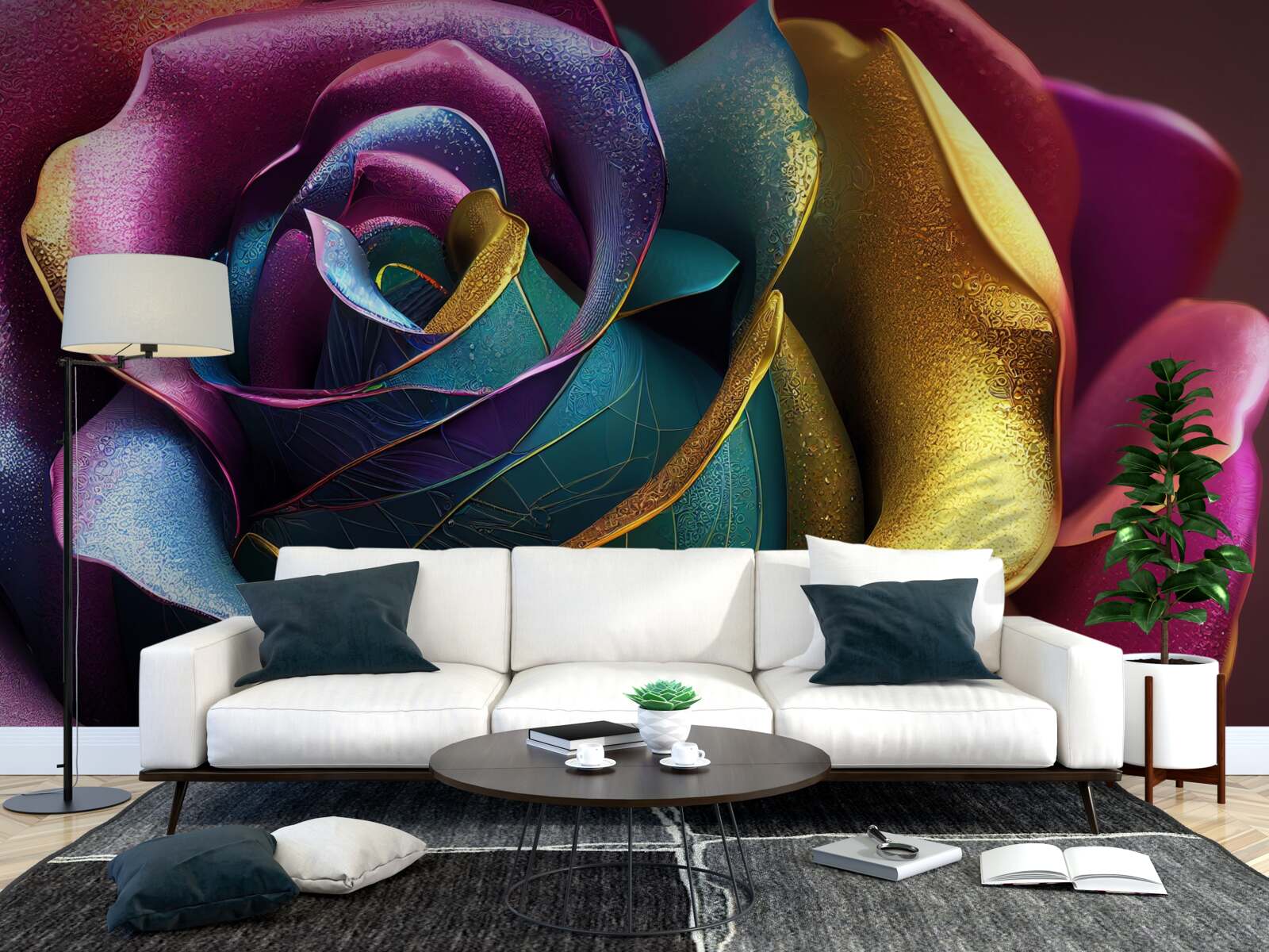 Fotobehang Perzische roos verlicht door een regenboog