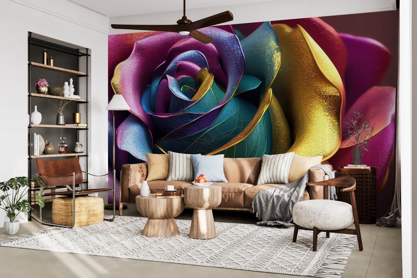 Fotobehang Perzische roos verlicht door een regenboog