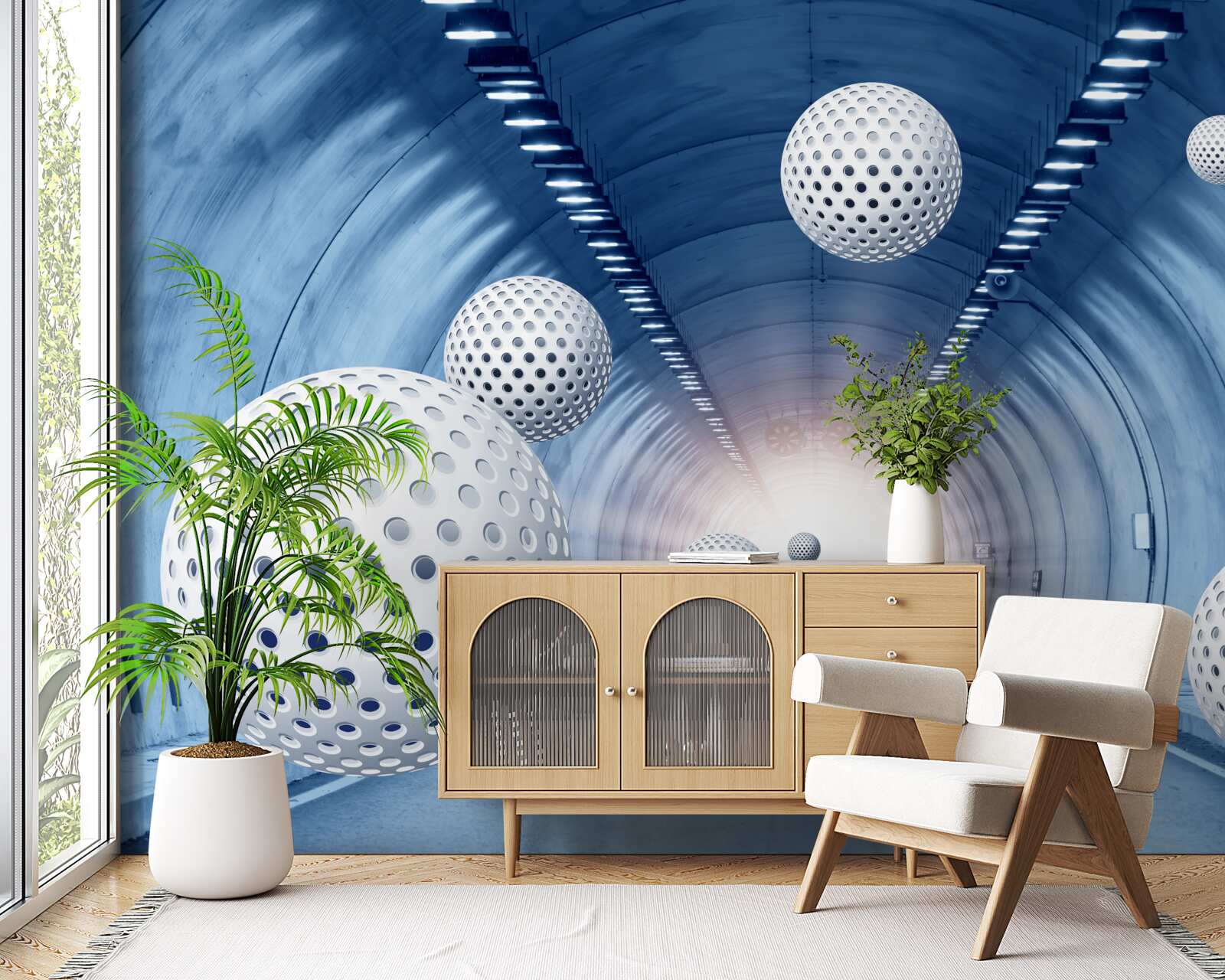 Fotobehang blauwe overgang en witte ballen