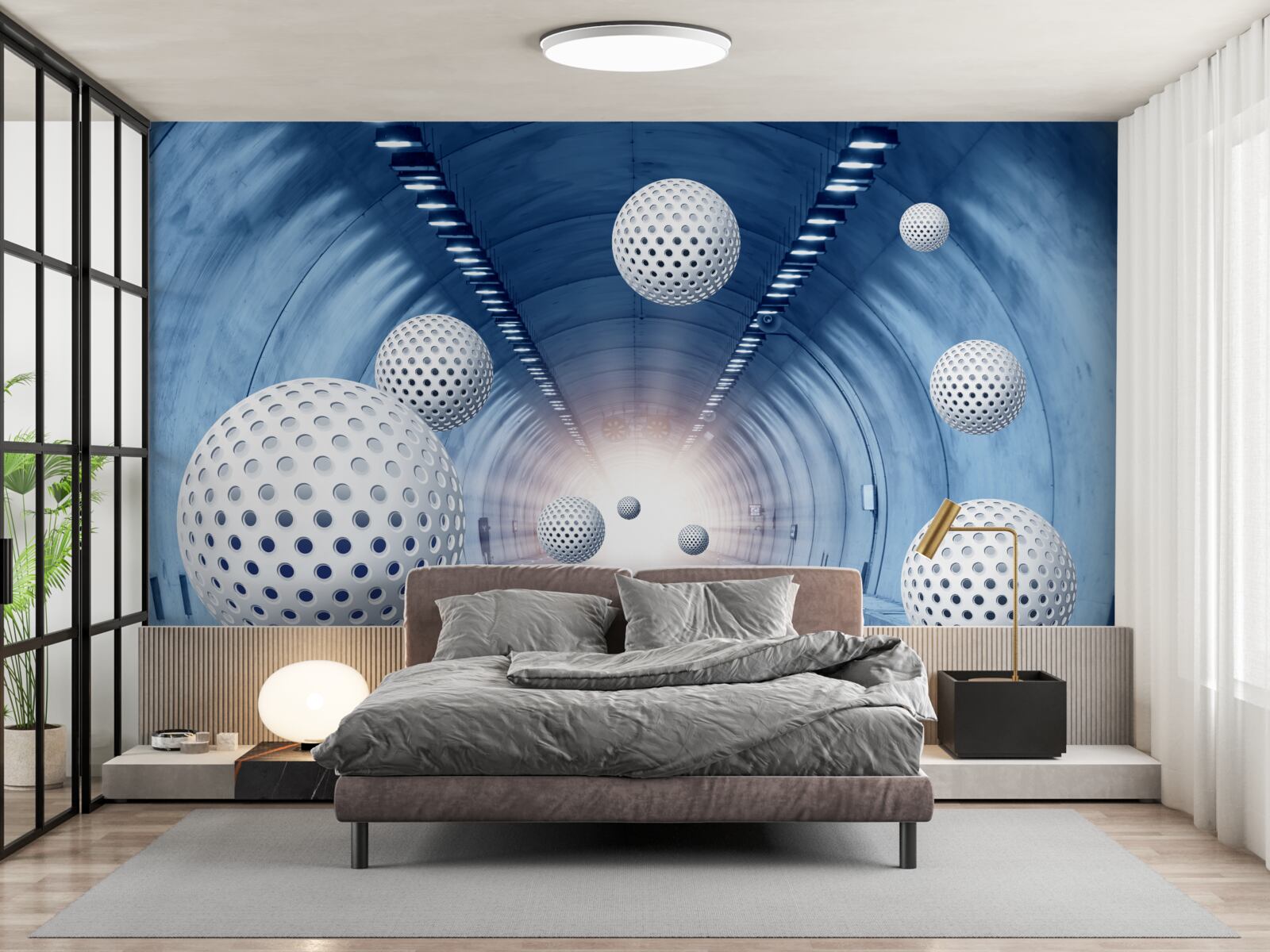 Fotobehang blauwe overgang en witte ballen