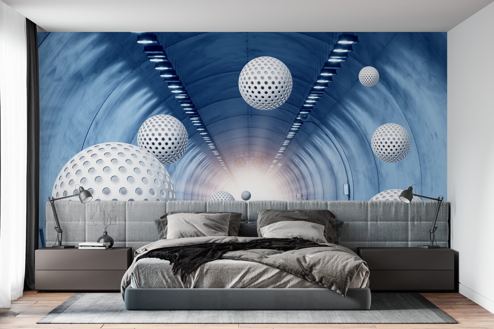 Fotobehang blauwe overgang en witte ballen