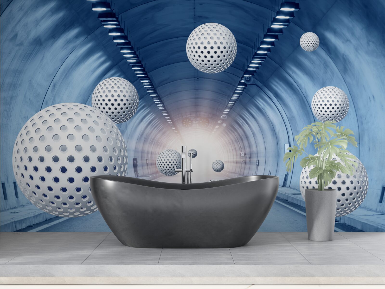 Fotobehang blauwe overgang en witte ballen