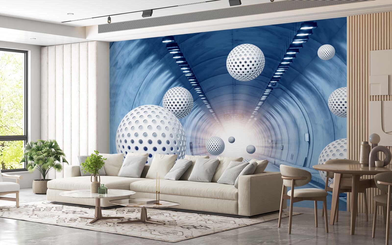 Fotobehang blauwe overgang en witte ballen