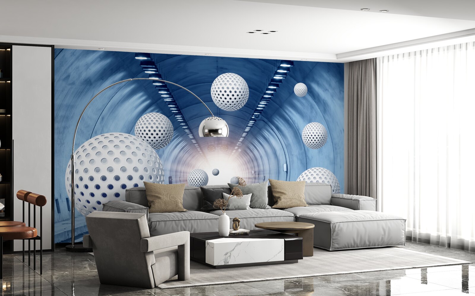 Fotobehang blauwe overgang en witte ballen