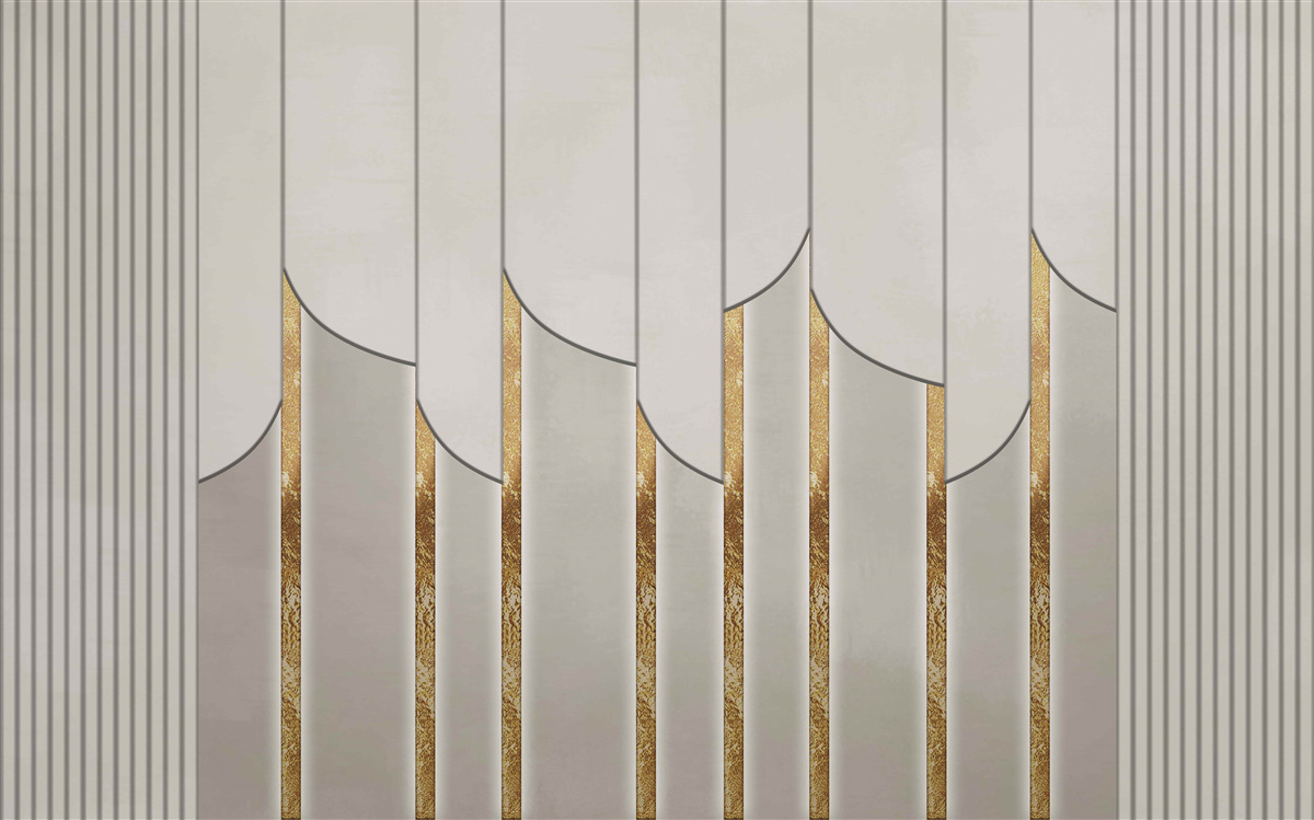 Fotobehang parket versierd met goud, gemaakt van witte en grijze houten panelen