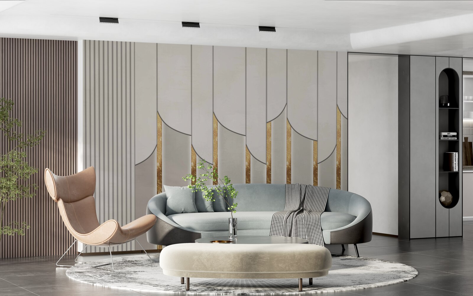 Fotobehang parket versierd met goud, gemaakt van witte en grijze houten panelen