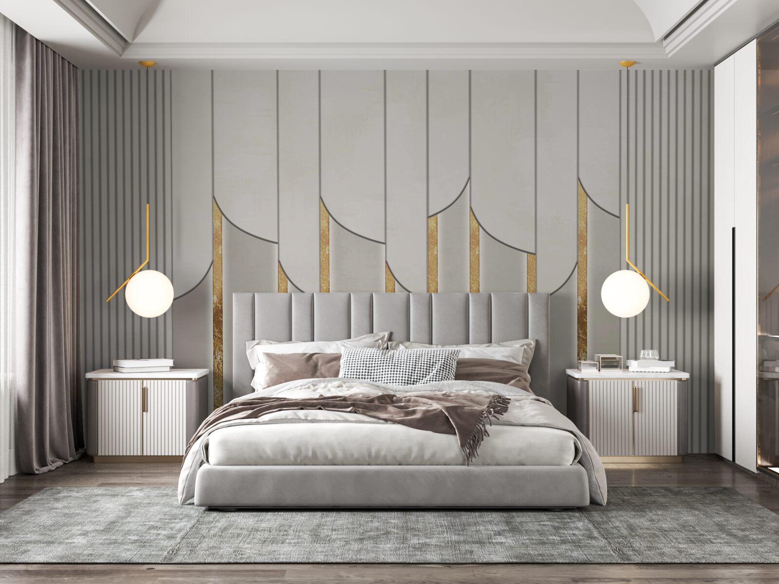 Fotobehang parket versierd met goud, gemaakt van witte en grijze houten panelen