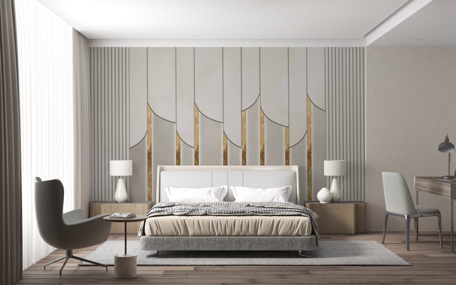 Fotobehang parket versierd met goud, gemaakt van witte en grijze houten panelen