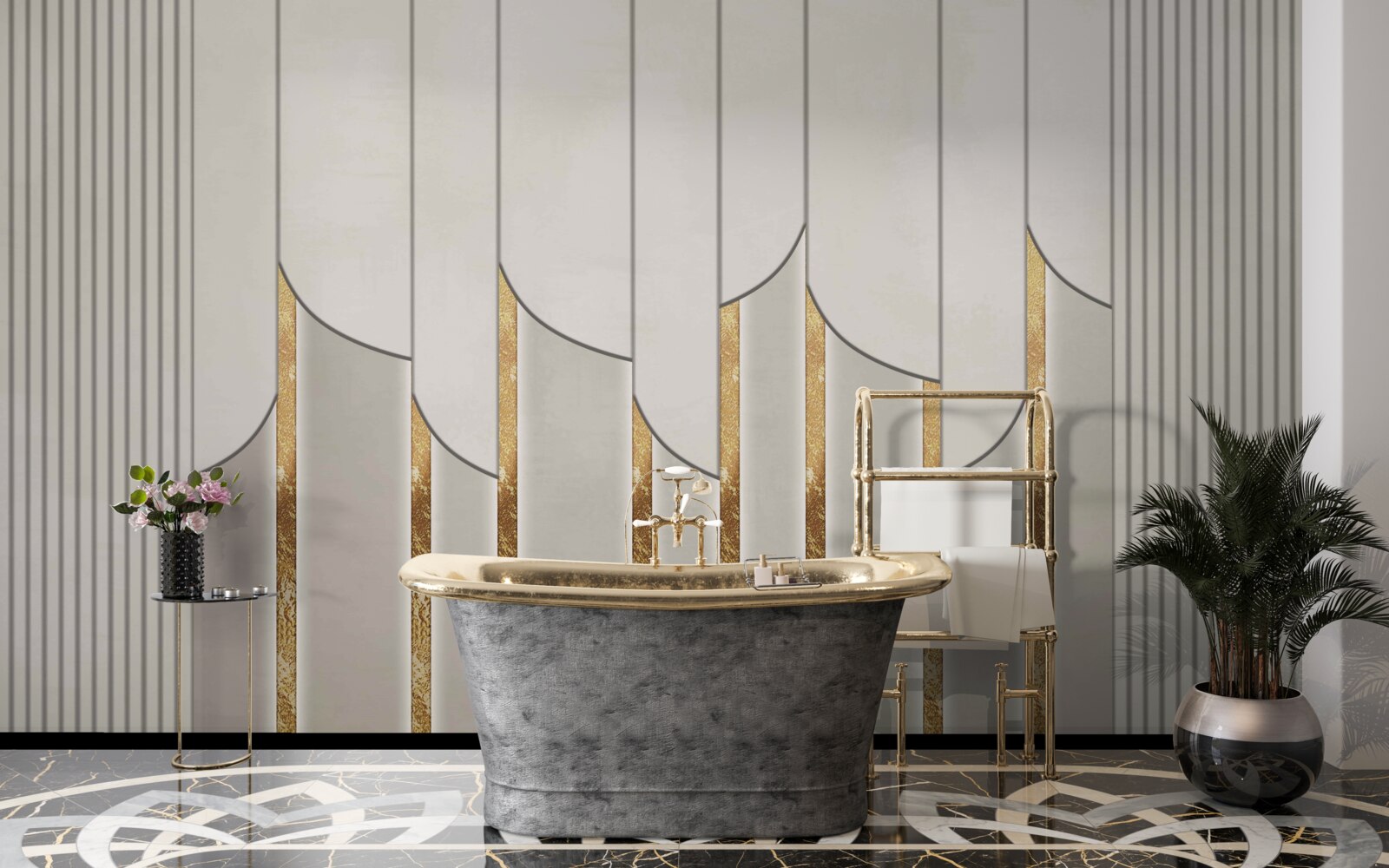 Fotobehang parket versierd met goud, gemaakt van witte en grijze houten panelen