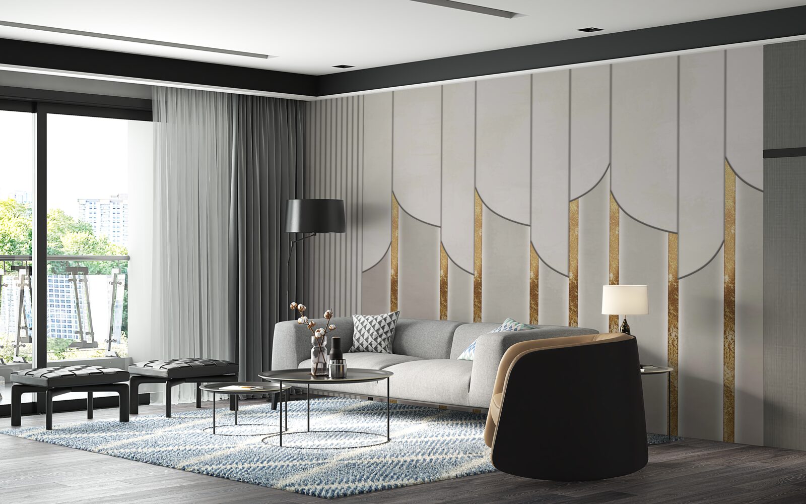 Fotobehang parket versierd met goud, gemaakt van witte en grijze houten panelen