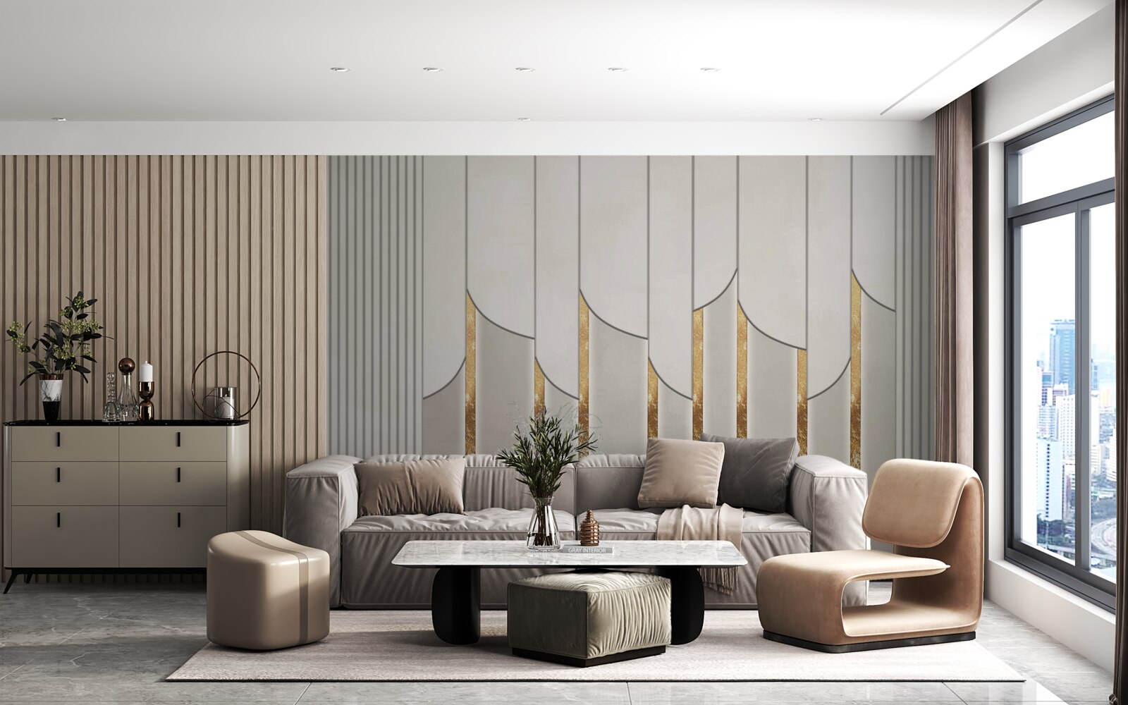 Fotobehang parket versierd met goud, gemaakt van witte en grijze houten panelen