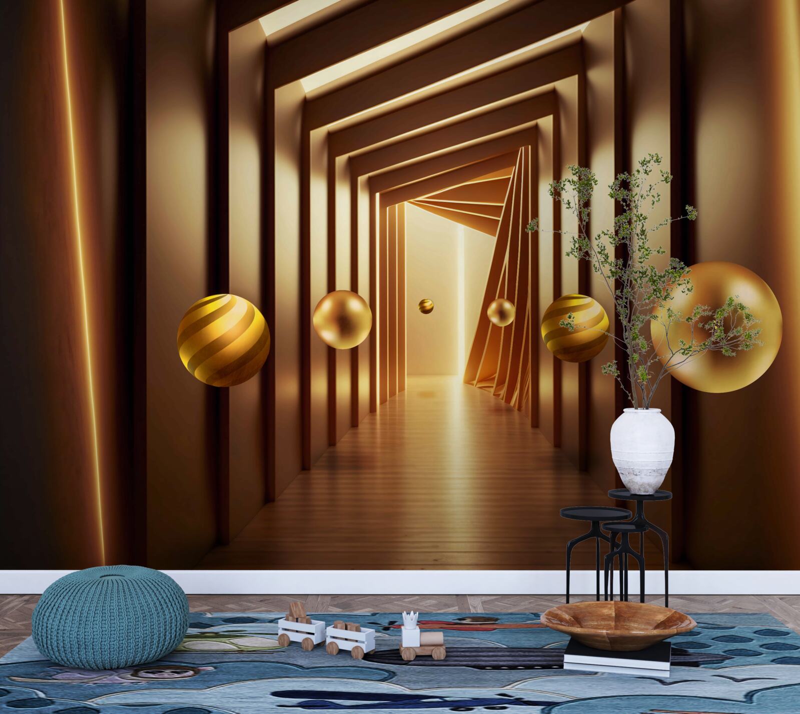 Fotobehang bruine ballen in een bruine tunnel